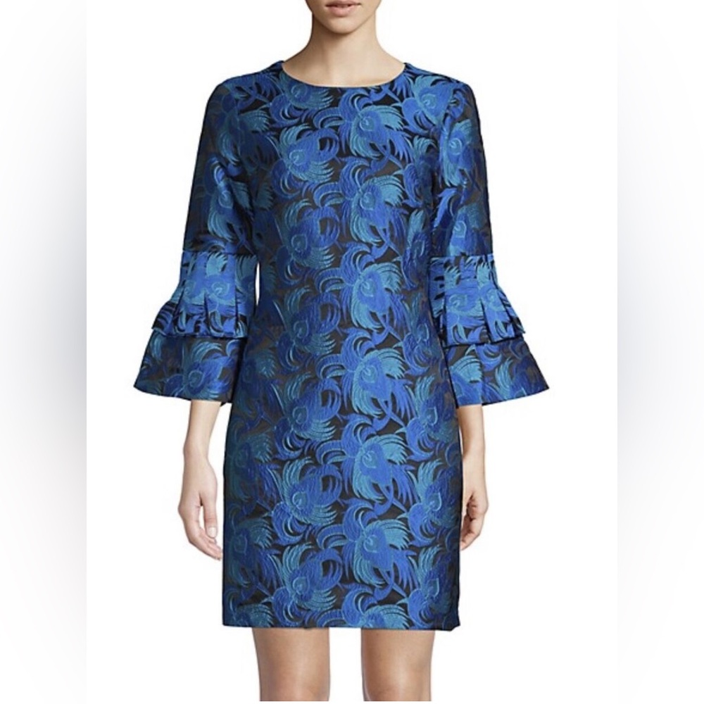 Belle Badgley Mischka Dress Womens Sz 0 Blue Floral Embroidered Bell Sleeve